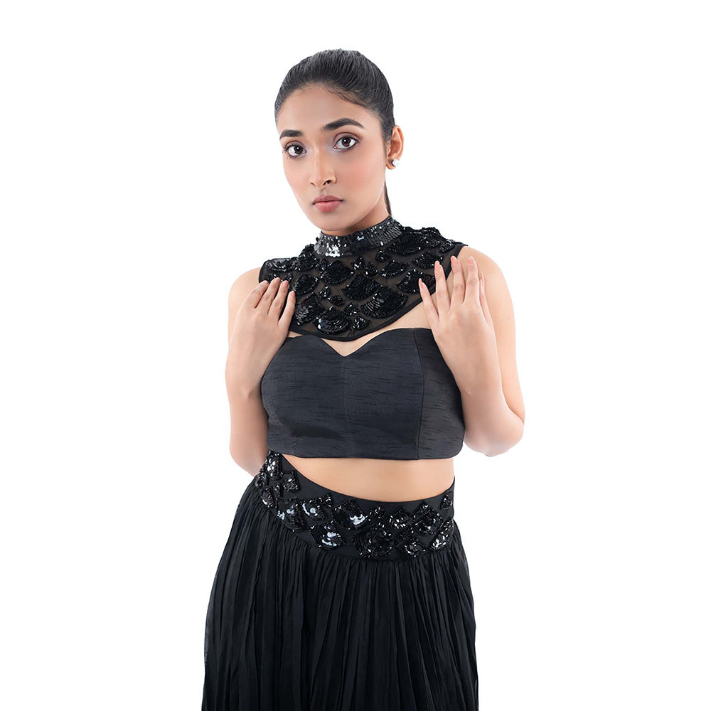SAYAANIKA Black Noche Bustier with Neck Collar and Palazzo (Set of 3)