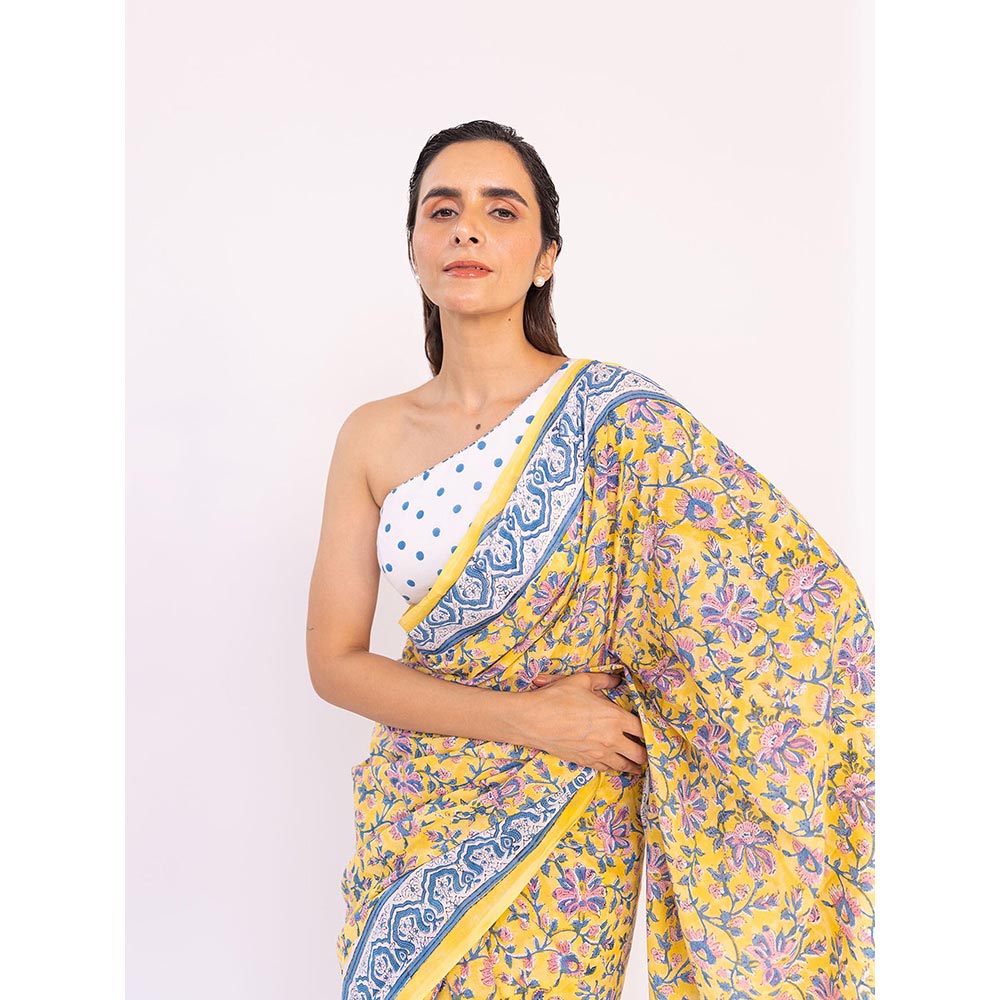 SHAAKHA Yellow Floral Saree with Unstitched Blouse