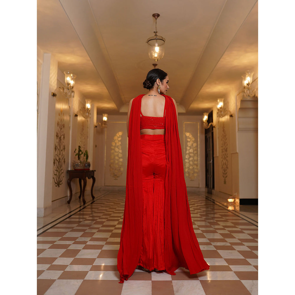 SHAAKHA Red Sequined Sleeveless Shoulder Straps Bustier With Sharara & Dupatta (Set of 3)