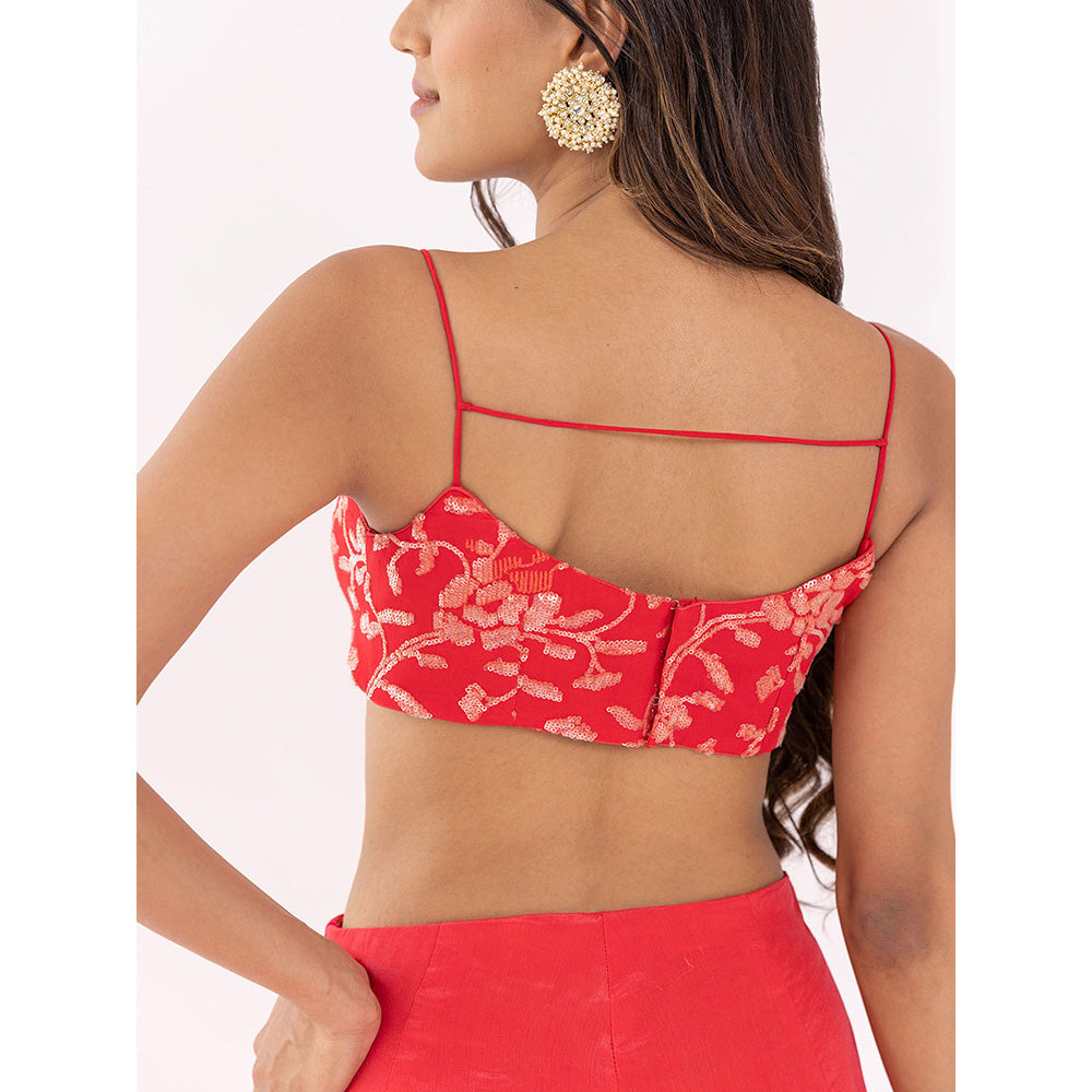 SHAAKHA Red Sequined Sleeveless Shoulder Strap Crop Top With Palazzo & Dupatta (Set of 3)