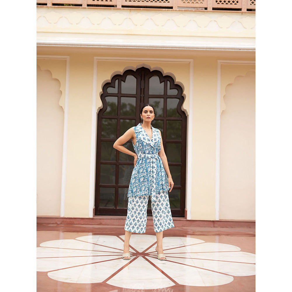 SHAAKHA Blue Floral Printed Sleeveless Notched Lapel Jacket With Pant & Belt (Set of 3)