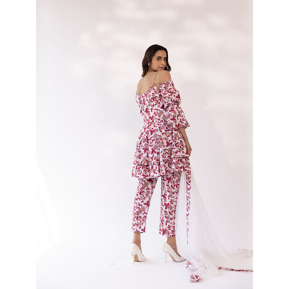 SHAAKHA Pink Floral Three Fourth Sleeves Off Shoulder Kurta With Pant & Dupatta (Set of 3)