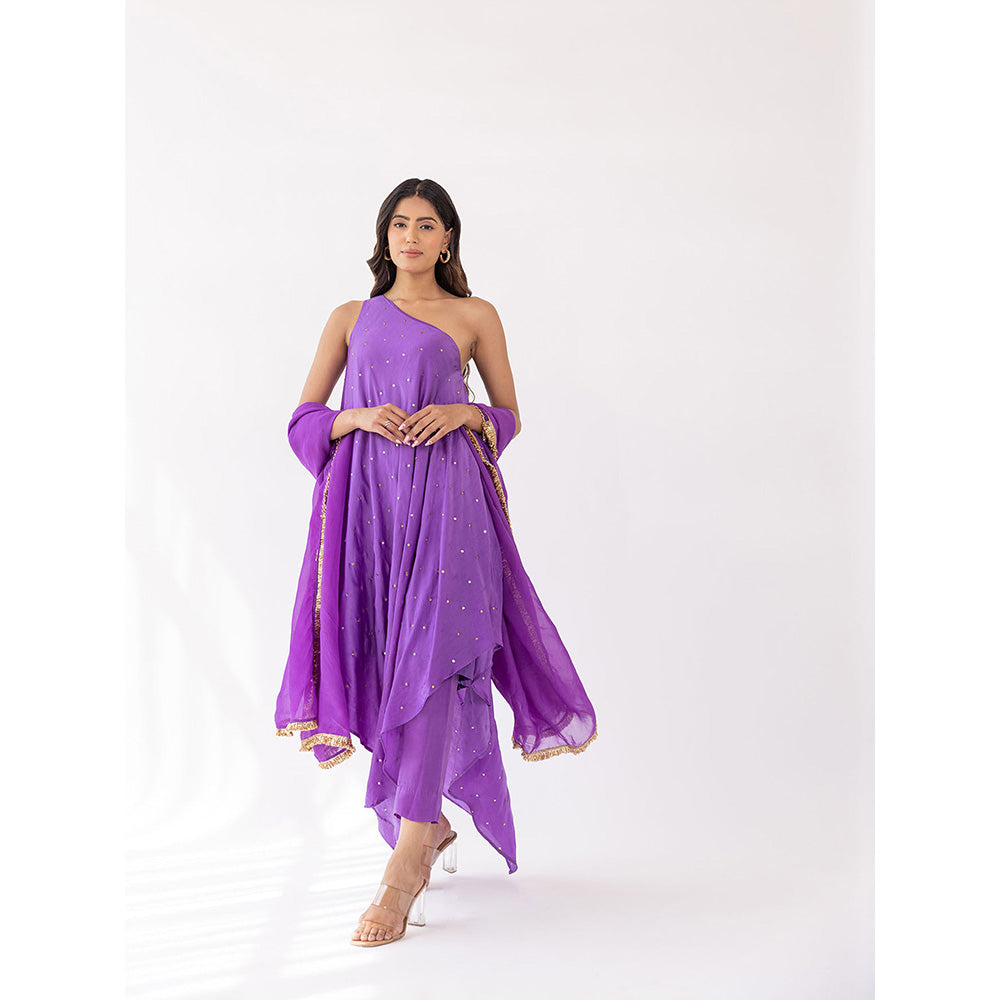 SHAAKHA Lavender Sequined Beads Sleeveless One Shoulder Kurta With Pant & Dupatta (Set of 3)