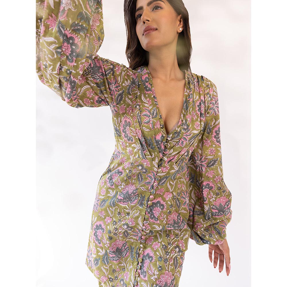 SHAAKHA Olive Floral Printed Balloon Sleeve V-Neck Kurta With Pant & Dupatta (Set of 3)