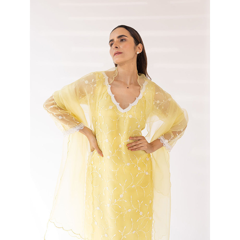 SHAAKHA Yellow Embroidered Lace Work Full Sleeves V-Neck Kurta With Pant & Dupatta (Set of 3)