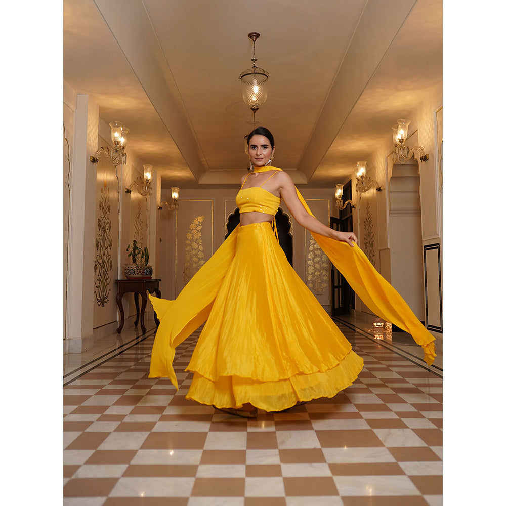 SHAAKHA Yellow Sequined Sleeveless Shoulder Straps Lehenga Choli With Dupatta (Set of 3)