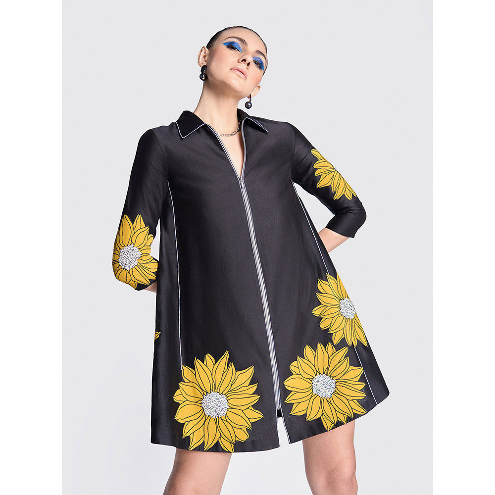 Shahin Mannan Sunflower Applique Side Triangle Shirt Dress