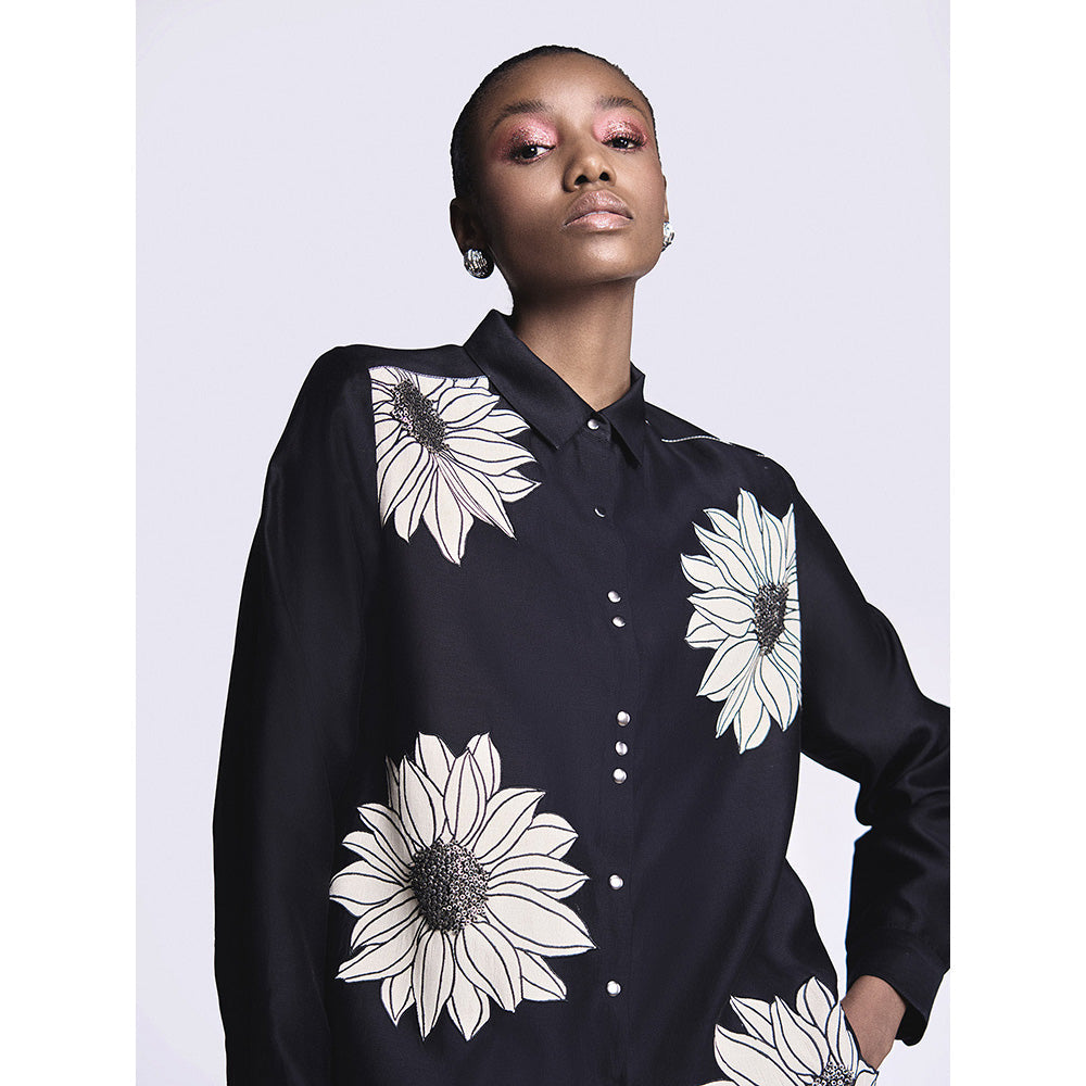 Shahin Mannan Sunflower Applique High Low Shirt With Narrow Pant (Set of 2)