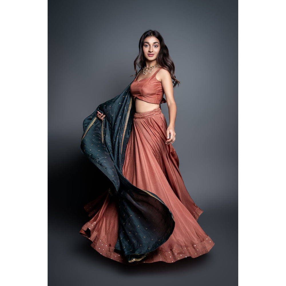 Shahmeen Husain Bronze & Bottle Green Zari Lehenga Blouse& Dupatta (Set of 3)