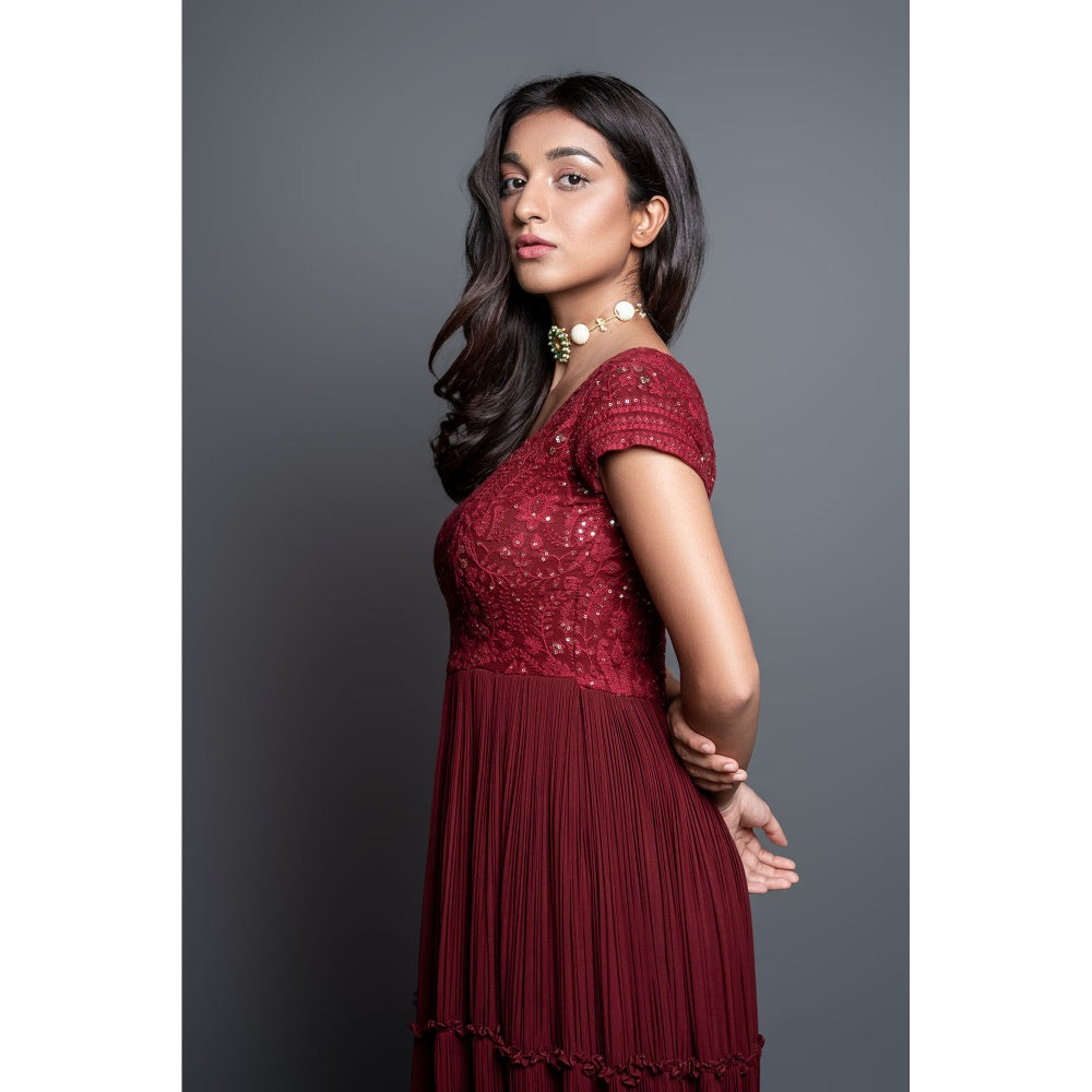 Shahmeen Husain Maroon Chikankari Pleated Maxi Dress with Dupatta (Set of 2)