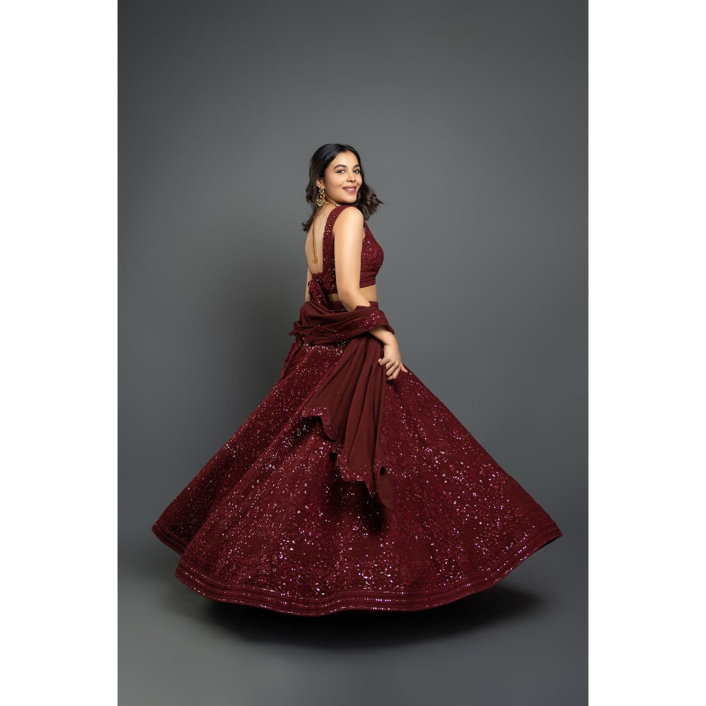 Shahmeen Husain Maroon Chikankari Lehenga Blouse with Dupatta (Set of 3)
