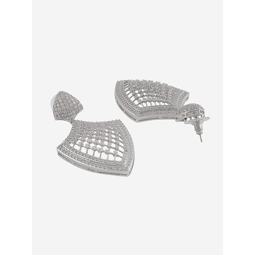 Shaze Silver Rhodium-Plated Cubic Zirconia Shield Drop Earrings for Women