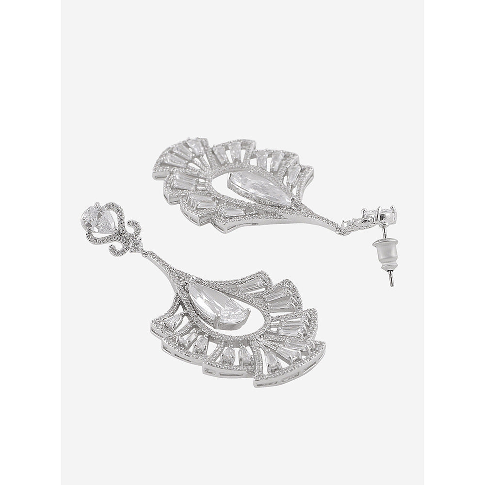 Shaze Silver Rhodium-Plated Cubic Zirconia Drop Fan Earrings for Women