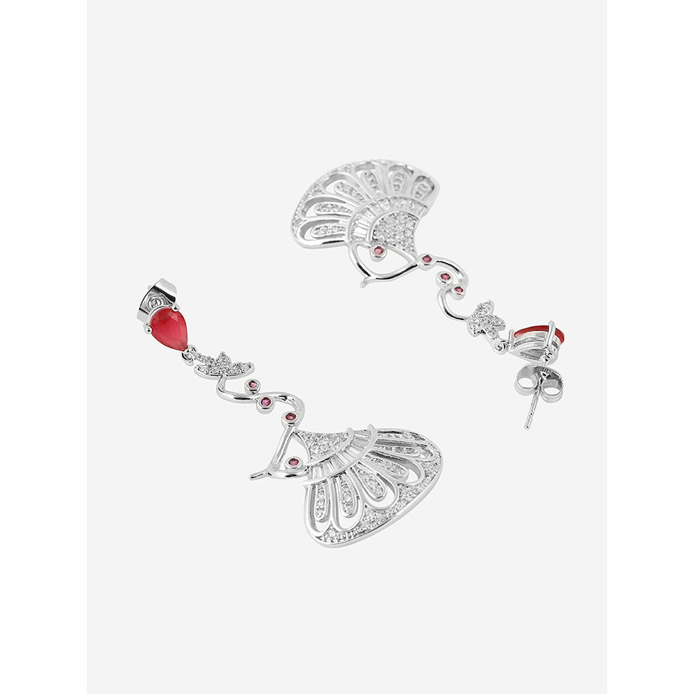 Shaze Silver Rhodium-Plated American Diamond Red Pot Drop & Dangle Earrings For Women