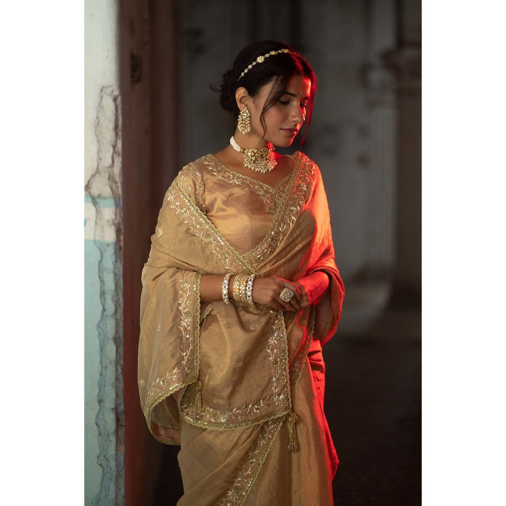 Sheela Suthar Gold Tissue Saree with Stitched Blouse