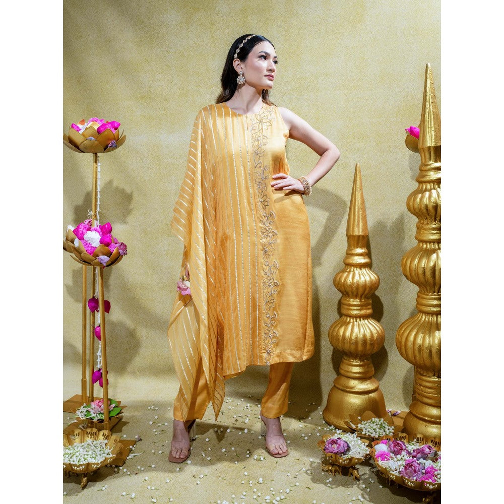 Sheela Suthar Muted Mustard Asymmetric Embroidered Kurta and Pant (Set of 2)