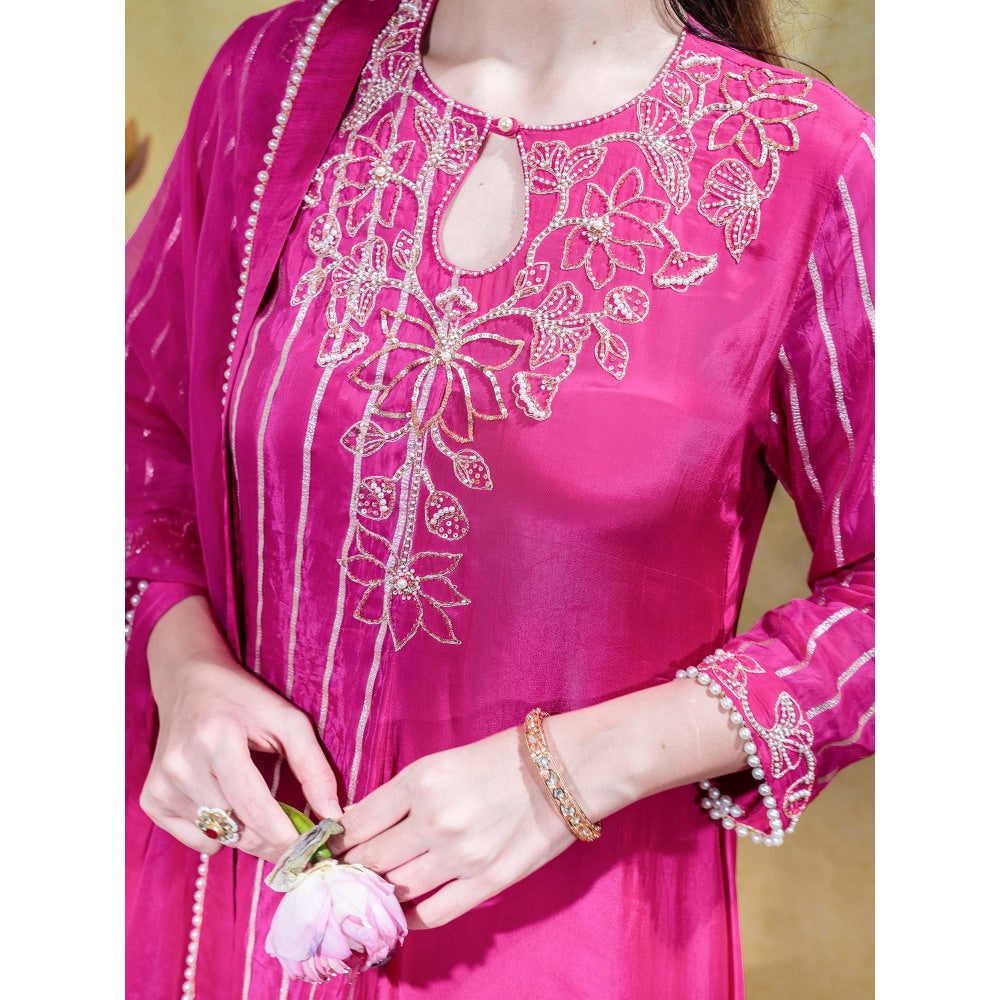 Sheela Suthar Deep Pink Embroidered Asym Kurta with Pant and Dupatta (Set of 3)