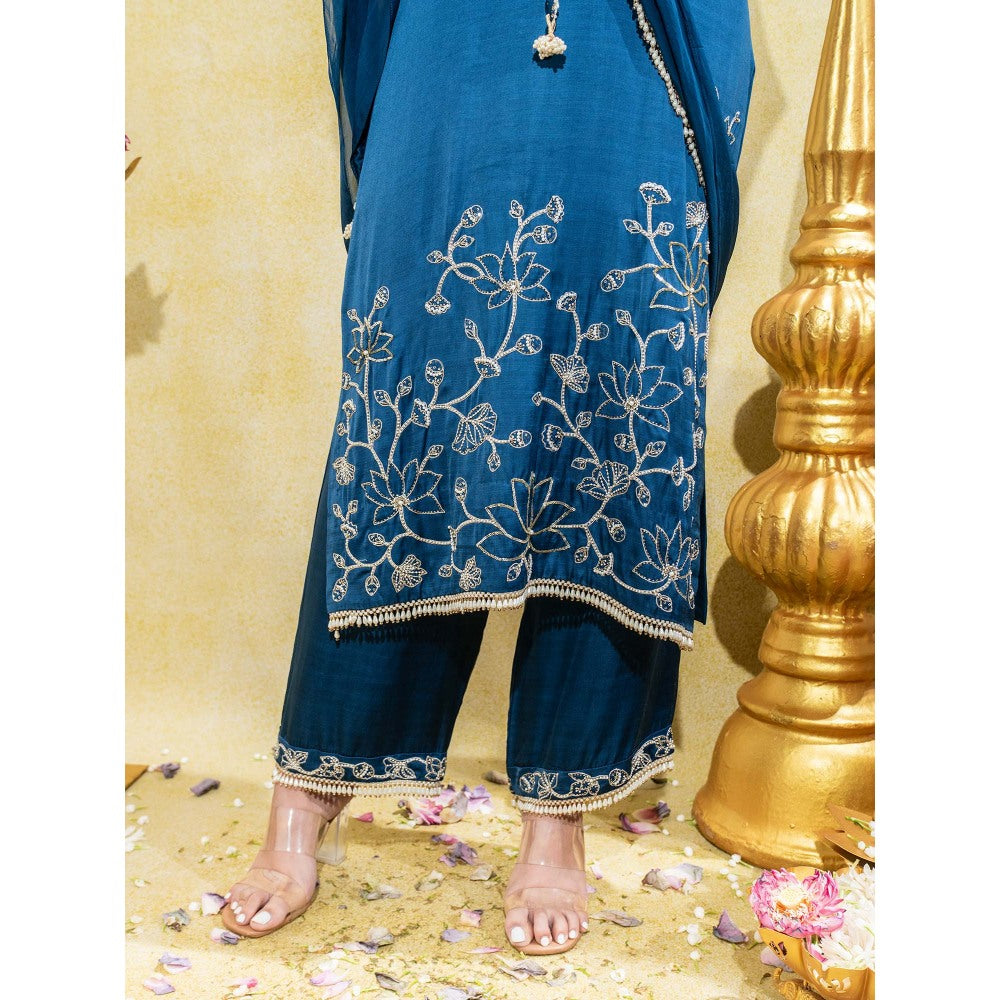 Sheela Suthar Midnight Blue Embroidered Straight Kurta with Pant and Dupatta (Set of 3)