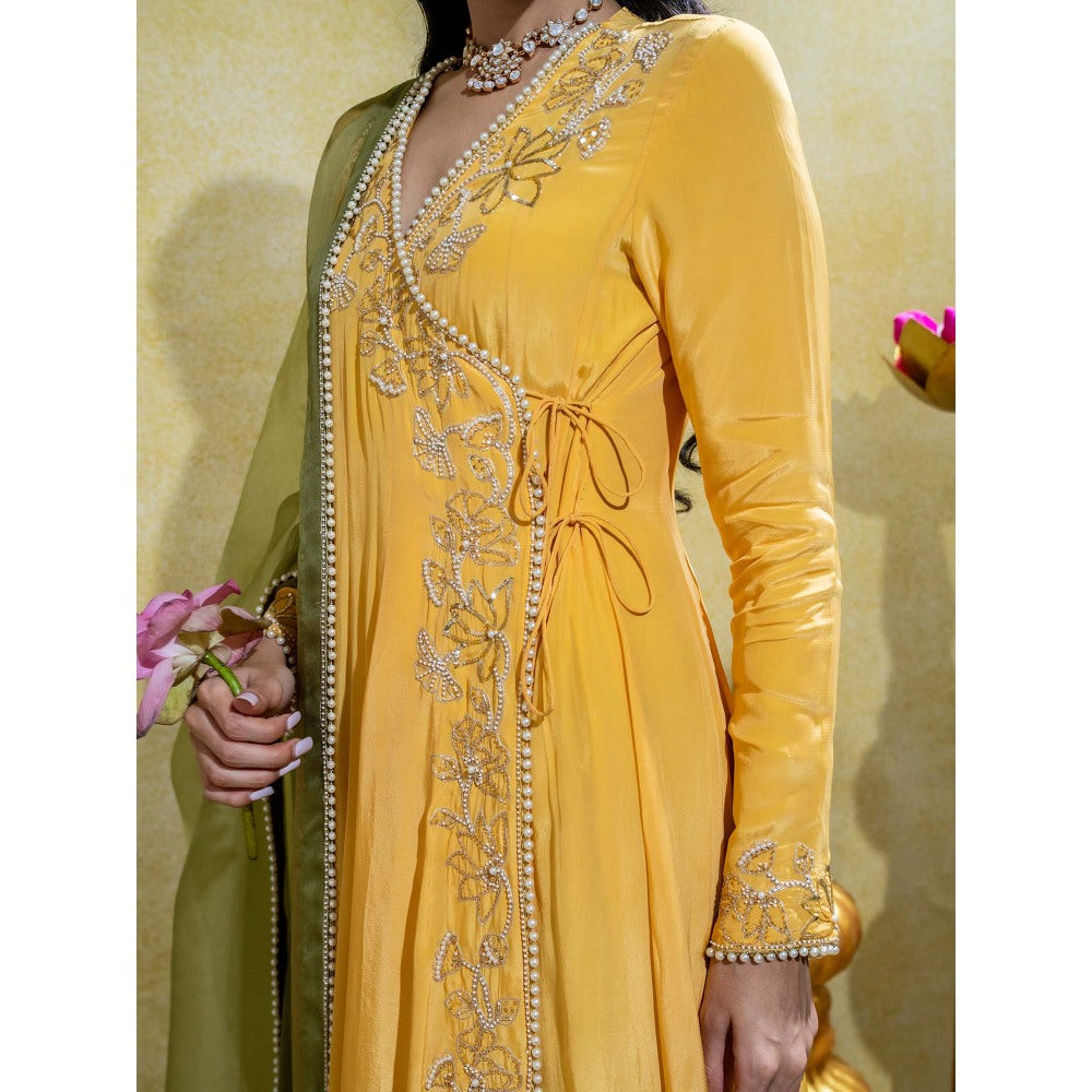 Sheela Suthar Yellow Crepe Embroidered Angarkha with Dupatta (Set of 2)