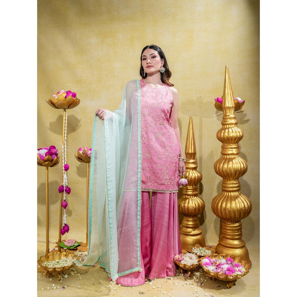Sheela Suthar Soft Pink Embroidered Kurti with Sharara and Dupatta (Set of 3)