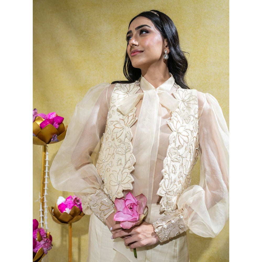Sheela Suthar Ivory Embordered Silk Organza Shirt with Jacket and Palazzo (Set of 3)