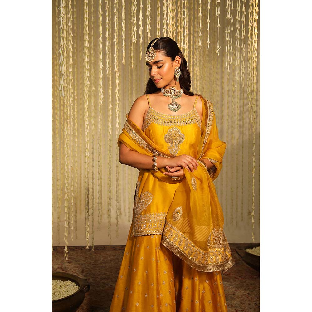 Sheetal Batra Aabroo Kurta & Sharara Pant with Dupatta-Mustard (Set of 3)