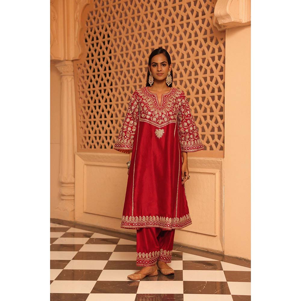 Sheetal Batra Red Aiman Anarkali Kurta with Salwar and Dupatta (Set of 3)
