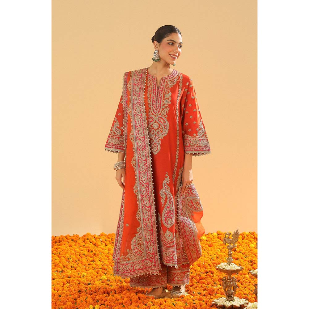 Sheetal Batra Misaim Burnt Orange Long ALine Kurta with Palazzo and Dupatta (Set of 3)