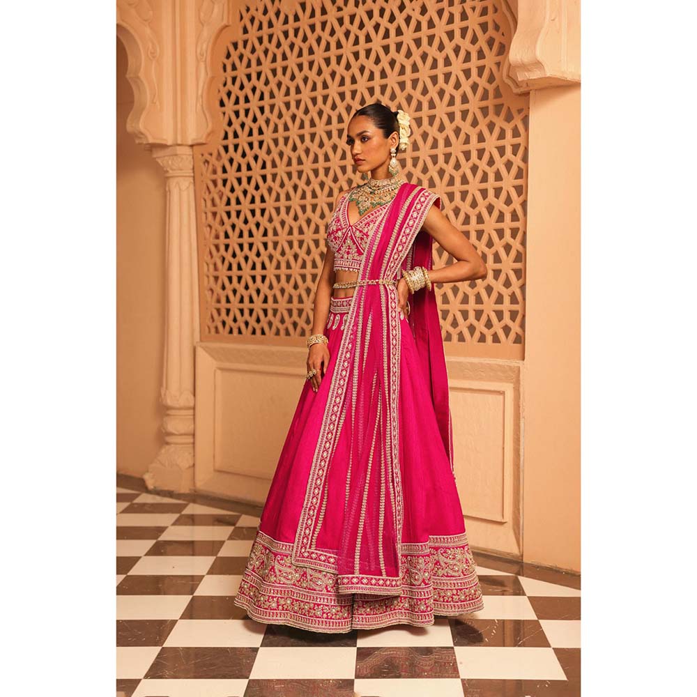 Sheetal Batra Ilma Hot Pink Lehenga with Blouse, Dupatta and Attached Belt (Set of 3)