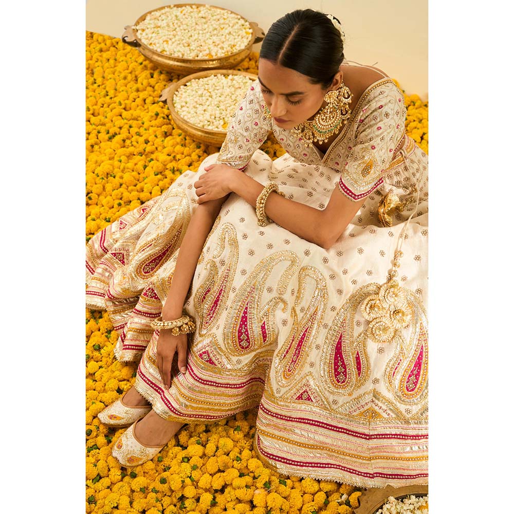Sheetal Batra Cream Lehenga with Blouse and Dupatta (Set of 3)