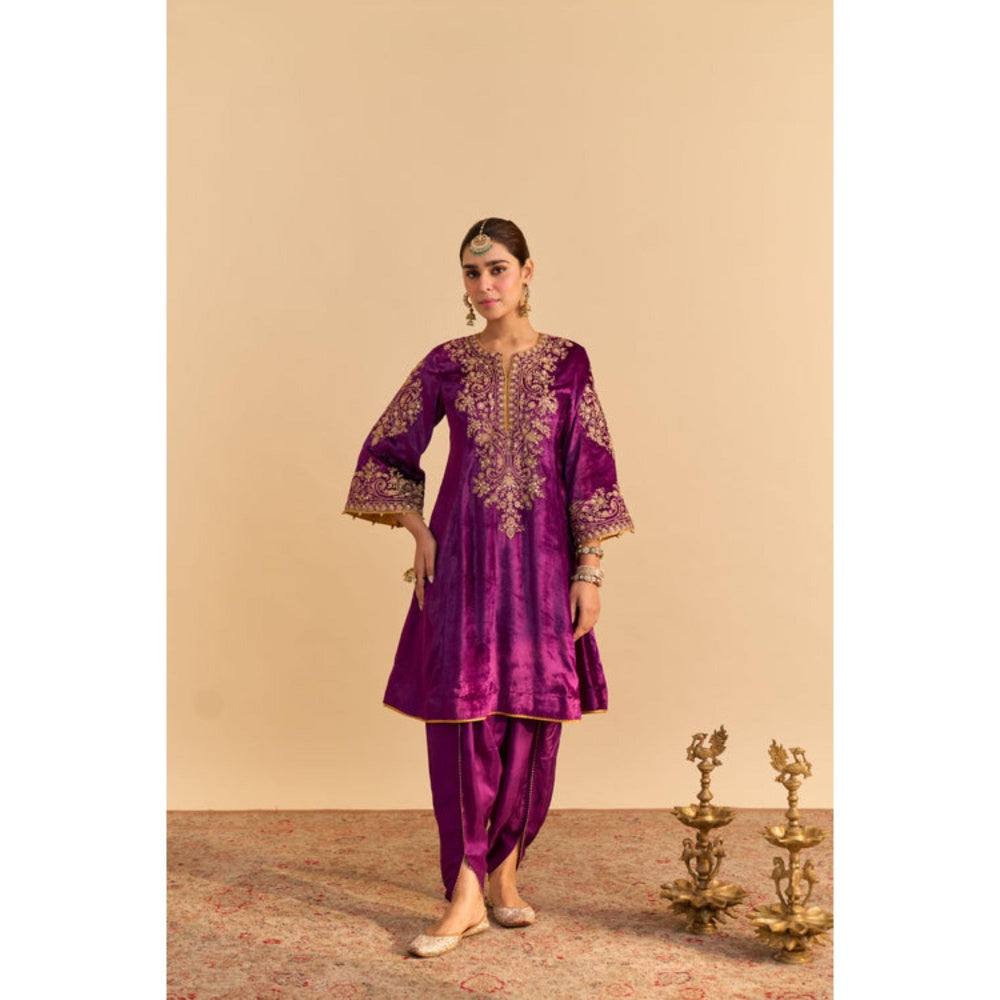 Sheetal Batra Eira Purple Velvet Embroidered Kurta With Dhoti and Dupatta