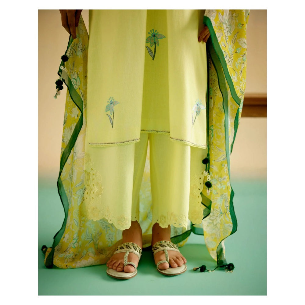 Shetab Kazmi Rosette Yellow Kurta with Palazzo and Dupatta (Set of 3)