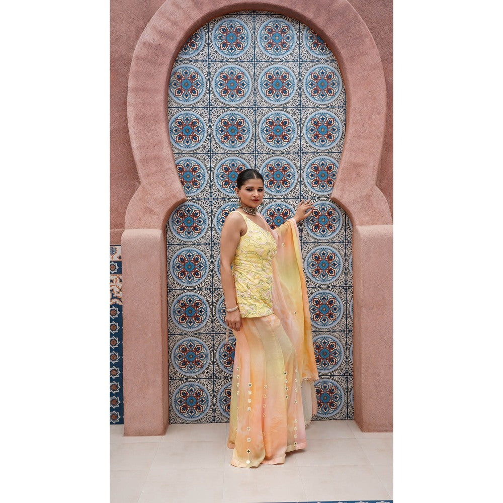 Shilpsutra Yellow Energy Rock Painted Top with Sharara and Dupatta
