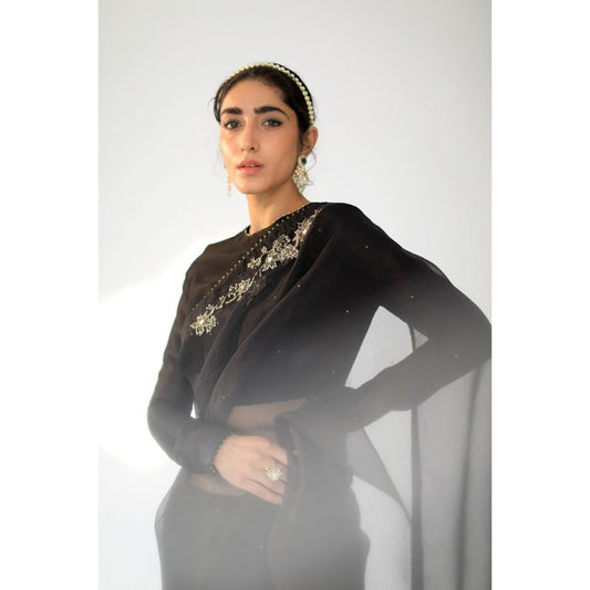 SHIKHA MEHTA Black Cora Saree with Stitched Blouse with Stitched