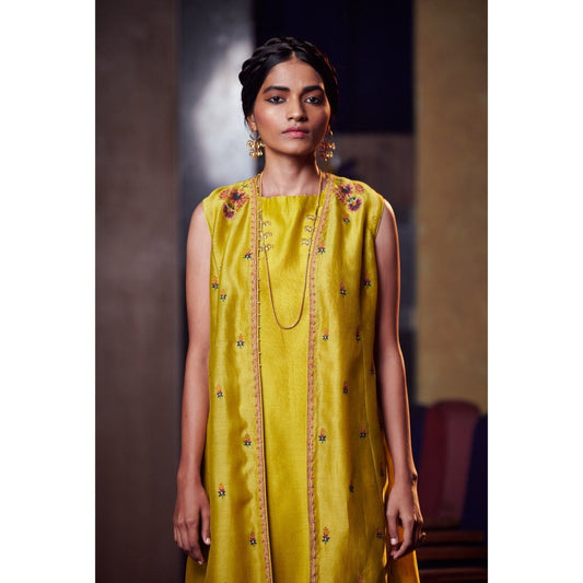 SHIKHA MEHTA Lime Tisca Kurta with Palazzo and Jacket (Set of 3)