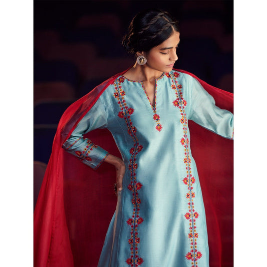 SHIKHA MEHTA Aqua Vami Kurta with Pant and Dupatta (Set of 3)