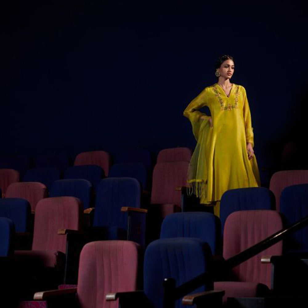 SHIKHA MEHTA Lime Qeerat Kurta with Pant and Dupatta (Set of 3)