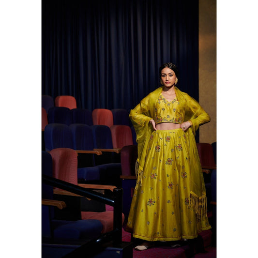 SHIKHA MEHTA Lime Zarin Lehenga with Choli and Dupatta (Set of 3)
