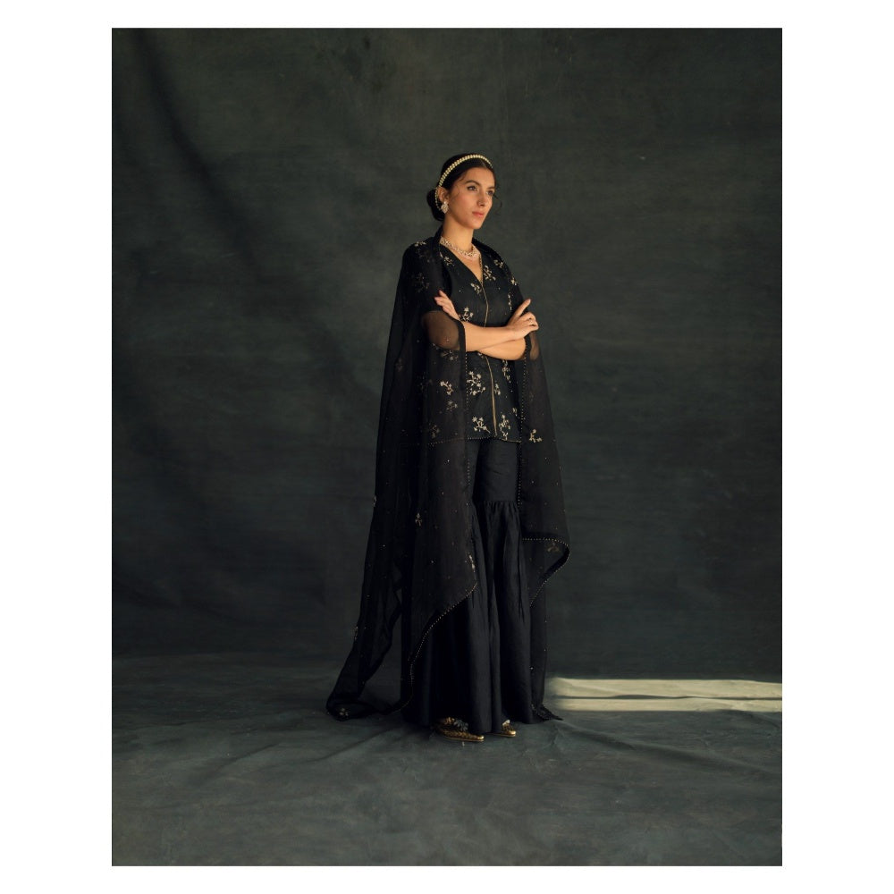 SHIKHA MEHTA Black Veru Silk Kurta with Sharara and Dupatta (Set of 3)