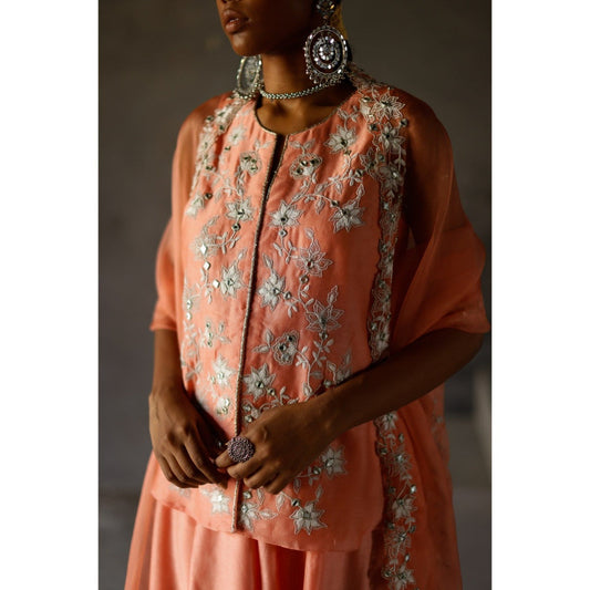 SHIKHA MEHTA Coral Ariyah Jacket with Sharara and Dupatta (Set of 3)