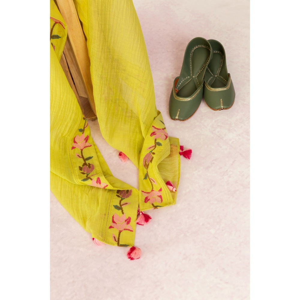 Shivani Bhargava Bahaar Yellow Chanderi Floral Kali Kurta (Set of 3)