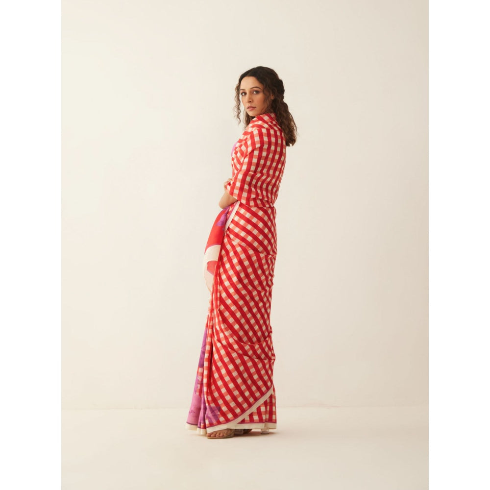 Shivani Bhargava Red and Off-white Gingham Checks Floral Mix Silk Saree with Stitched Blouse