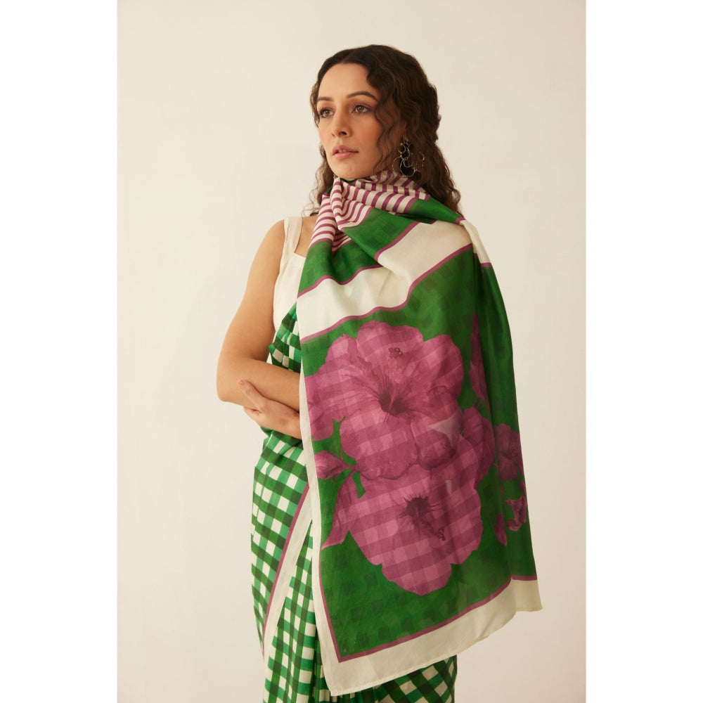 Shivani Bhargava Green and Off-White Gingham Checks Floral Mix Silk Saree with Stitched Blouse
