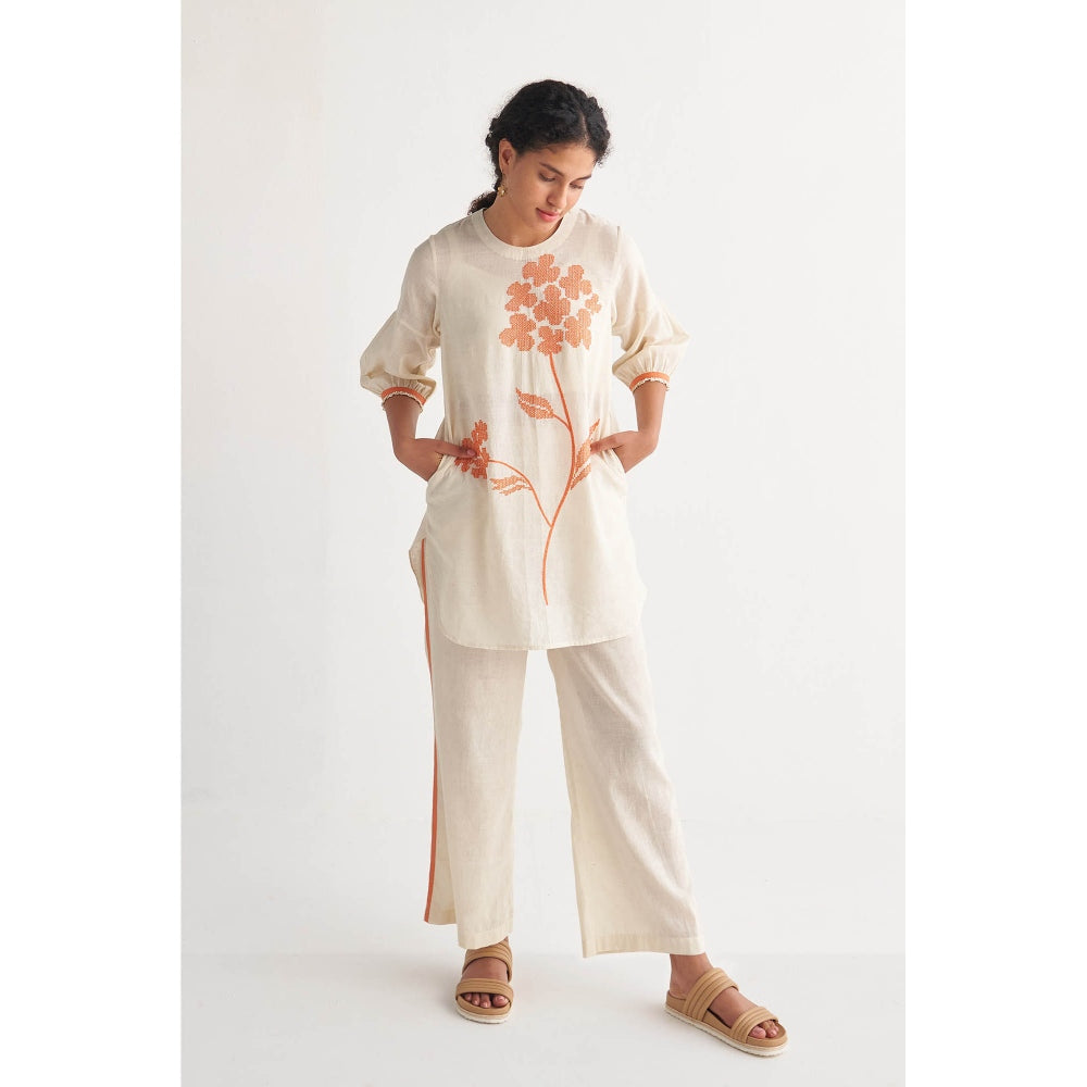 Shivani Bhargava Orange Florence Cross-Stitch Off-White Co-Ord (Set of 2)