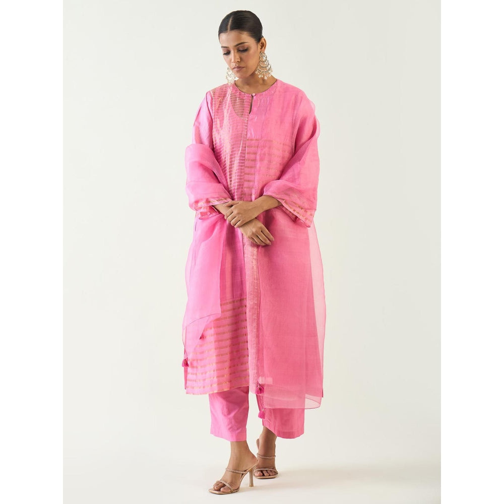Shivani Bhargava Pink Kaya Zari Stripe and Silk Patch Kurta with Pant and Dupatta (Set of 3)