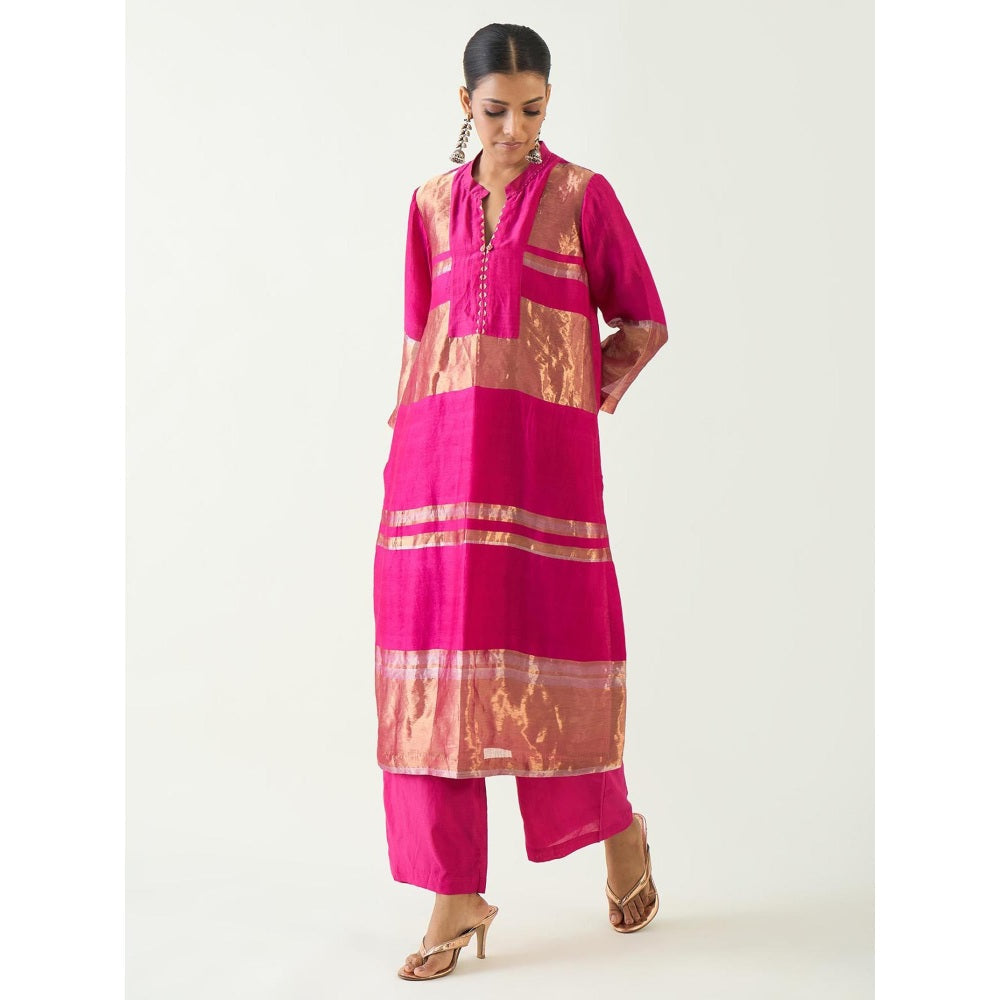 Shivani Bhargava Pink Mira Silk Stripe Tissue Straight Kurta with Pant and Dupatta (Set of 3)