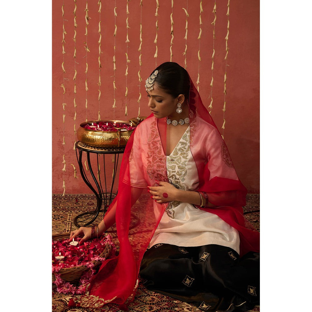 Shivani Bhargava Roli Ivory Silk Embroidered Short Kurta with Sharara and Dupatta (Set of 3)