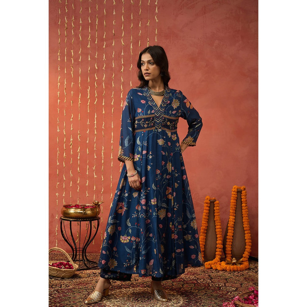 Shivani Bhargava Bela Blue Chintz Embroidered Anarkali with Pant and Dupatta (Set of 3)