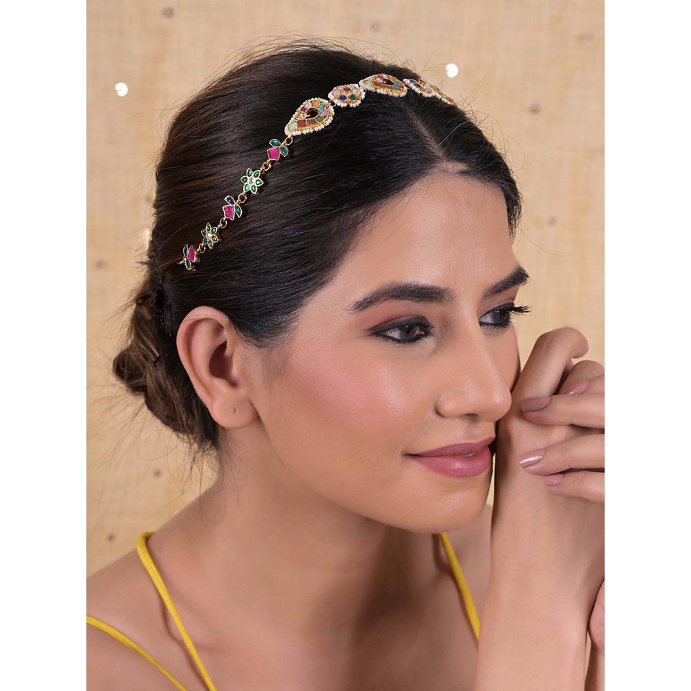 Shlok Jewels Women Multi-Color 18K Gold Plated Jadau Kundan Mathapatti