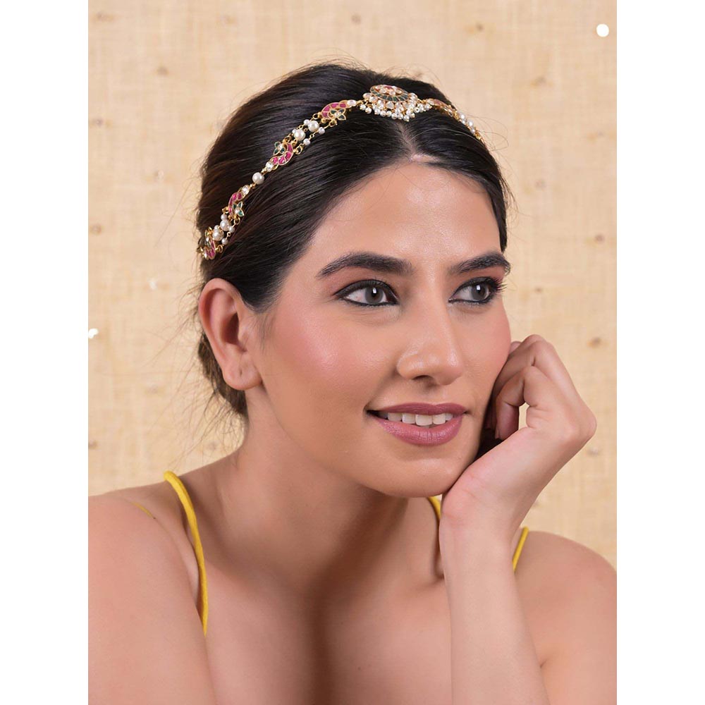 Shlok Jewels Women Multi-Color 18K Gold Plated Jadau Kundan Mathapatti